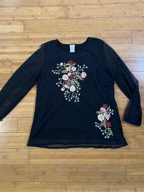 Chico's Mesh Lace Long-Sleeve Top w/ Pink & Red 3D Florals & Gems Whimsigoth